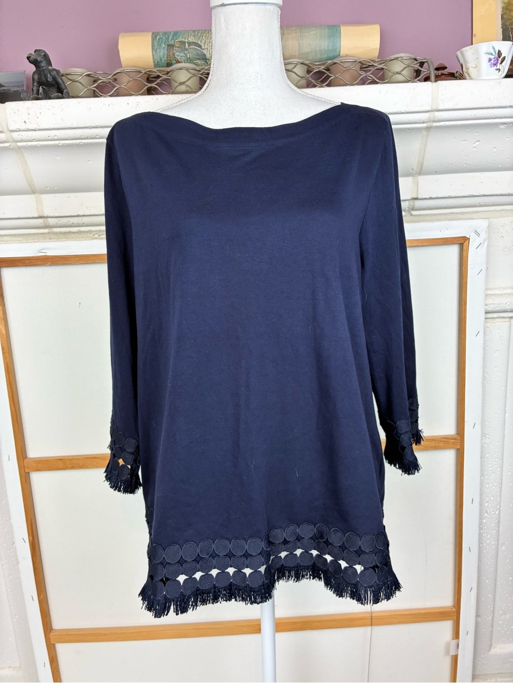 Talbots Deep Navy Mod Circle Fringe-Trim Boatneck Tunic Pima Cotton - Picture 2 of 10